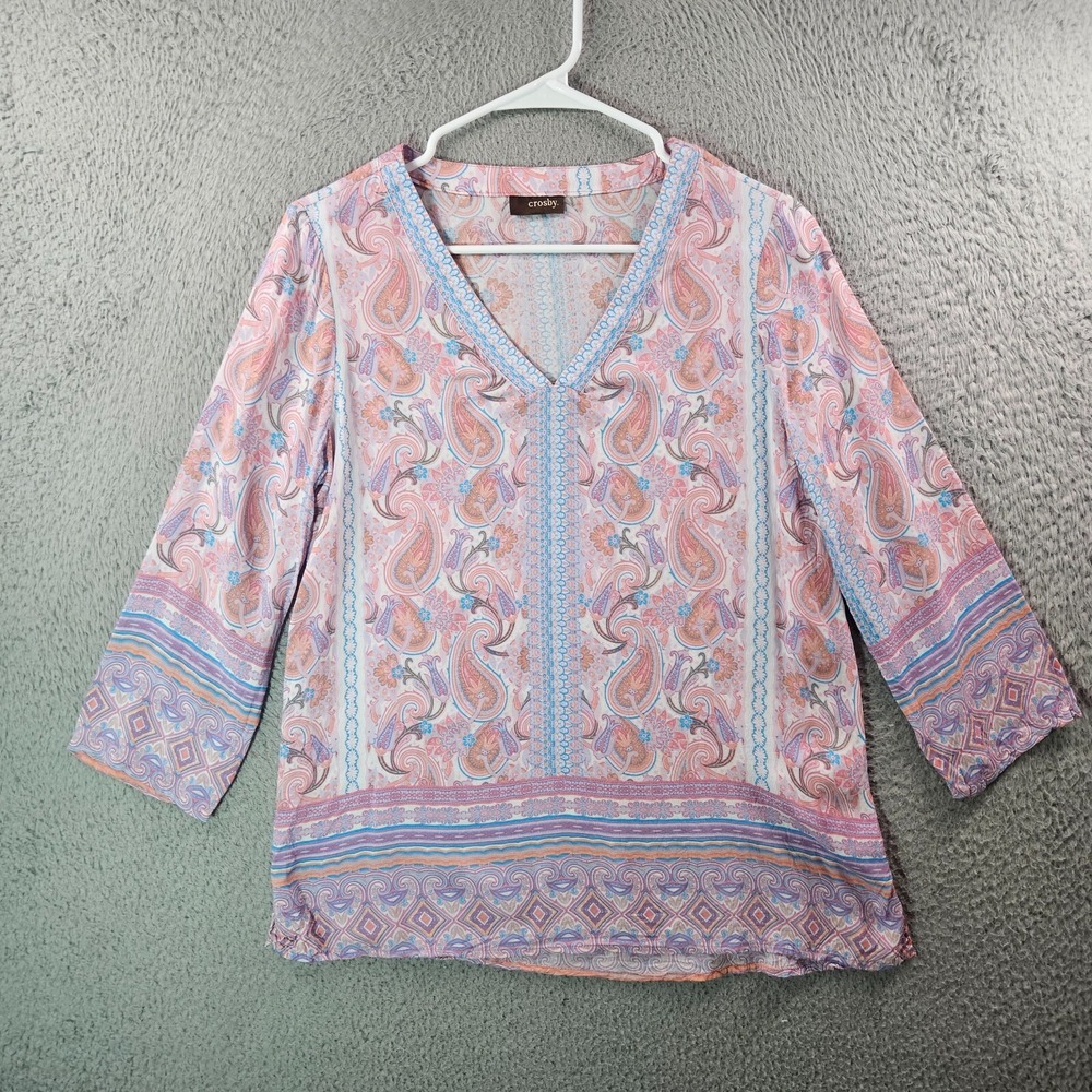Crosby Top Blouse Women Small Paisley Print V-Neck Pastel Pink Blue Boho Preppy